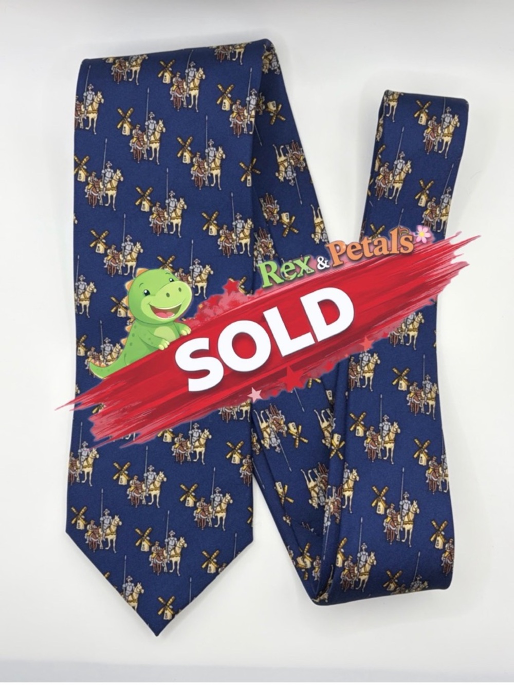 Alynn Don Quixote Tie Silk Novelty Knights Windmills Blue Made in USA